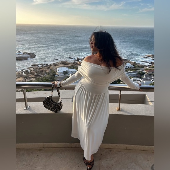 Off Shoulder Ruched Midi Dress in Ivory - Picture 2 of 10